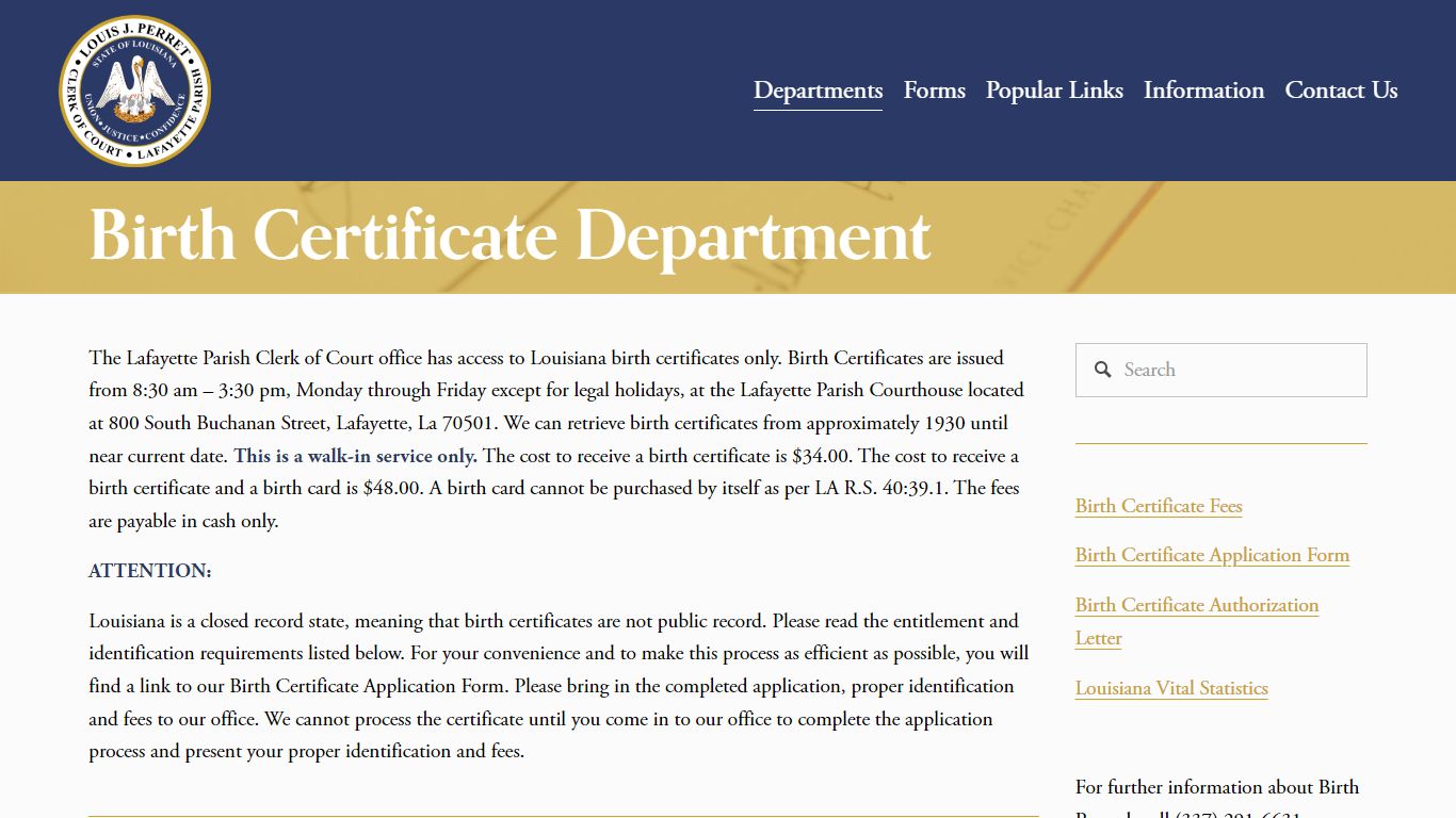 Birth Certificate — Lafayette Parish Clerk of Court