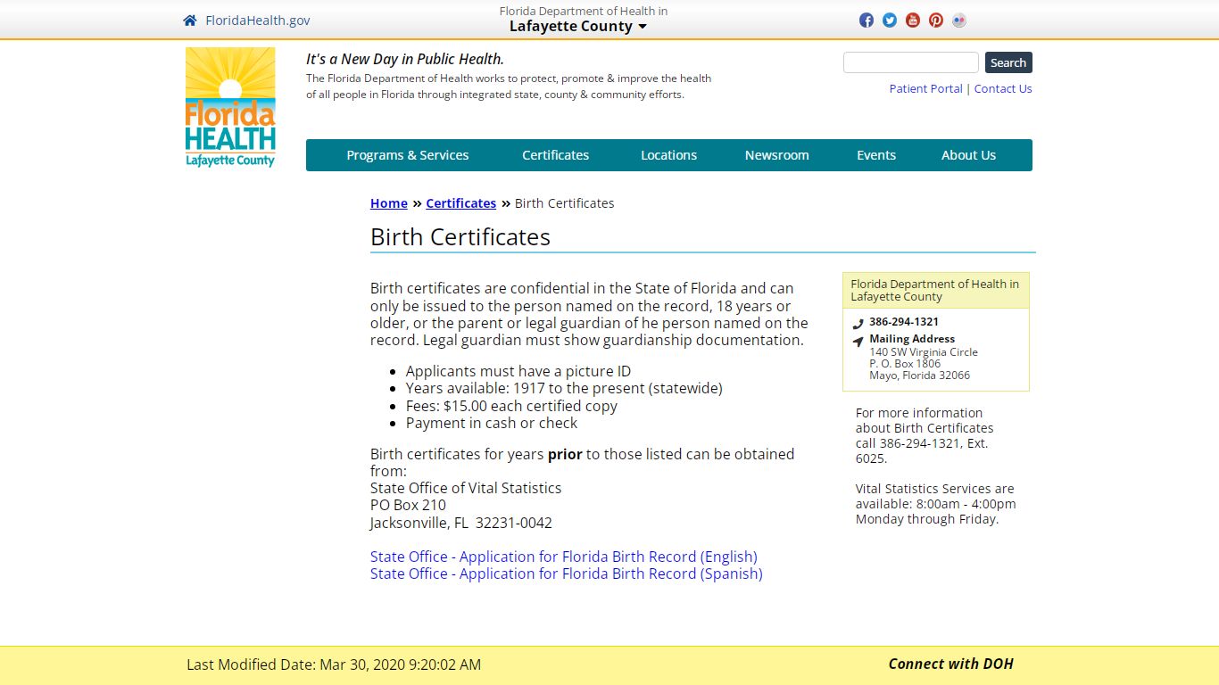 Birth Certificates | Florida Department of Health in Lafayette